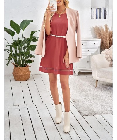 Women Casual Crewneck Mesh Panel 3/4 Bell Sleeve Loose Tunic Dress Cranberry $18.89 Dresses