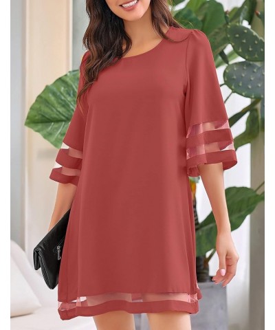 Women Casual Crewneck Mesh Panel 3/4 Bell Sleeve Loose Tunic Dress Cranberry $18.89 Dresses