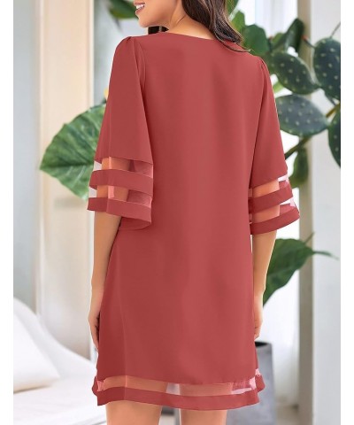 Women Casual Crewneck Mesh Panel 3/4 Bell Sleeve Loose Tunic Dress Cranberry $18.89 Dresses