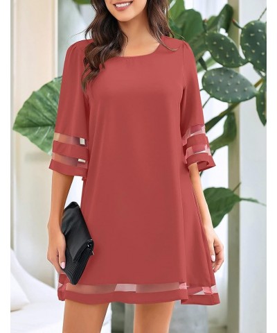 Women Casual Crewneck Mesh Panel 3/4 Bell Sleeve Loose Tunic Dress Cranberry $18.89 Dresses