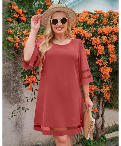 Women Casual Crewneck Mesh Panel 3/4 Bell Sleeve Loose Tunic Dress Cranberry $18.89 Dresses