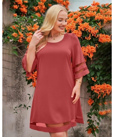 Women Casual Crewneck Mesh Panel 3/4 Bell Sleeve Loose Tunic Dress Cranberry $18.89 Dresses