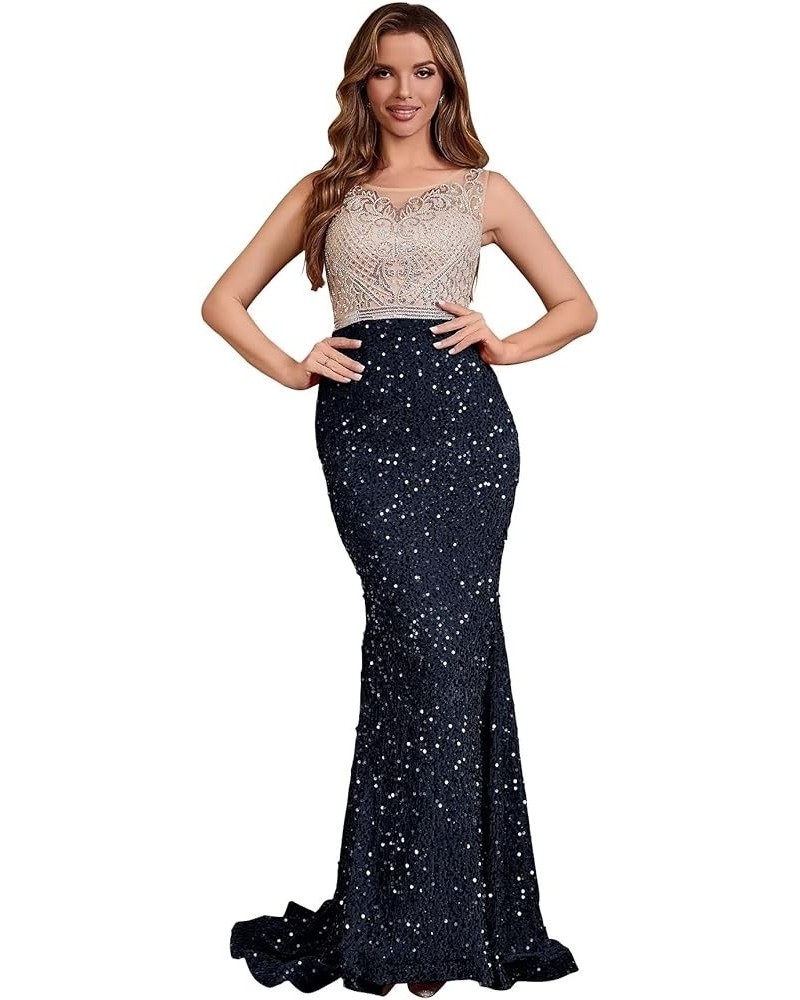 Sequin Prom Dresses for Women Long Mermaid Lace Beaded Formal Evening Dress Tulle Sparkly Prom Party Gown Navy $34.40 Dresses