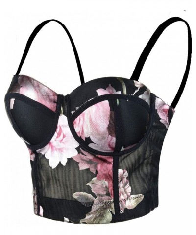 Women's Floral Foil Print Mesh Bustier Crop Top Sweet Corset Tops Bra Black Black $14.28 Tanks