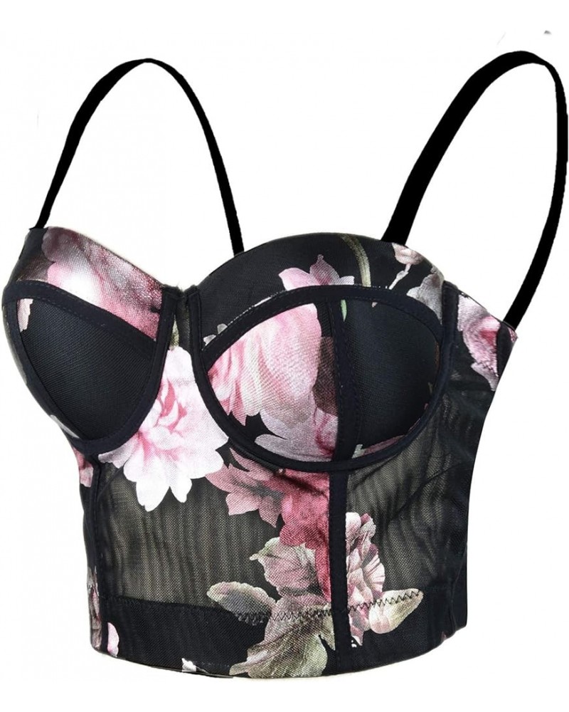 Women's Floral Foil Print Mesh Bustier Crop Top Sweet Corset Tops Bra Black Black $14.28 Tanks