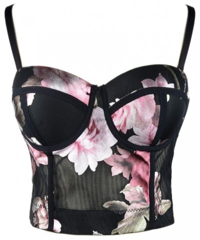 Women's Floral Foil Print Mesh Bustier Crop Top Sweet Corset Tops Bra Black Black $14.28 Tanks