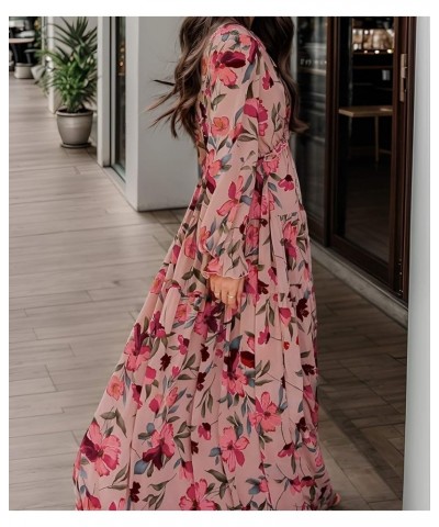 Womens Long Sleeve Maxi Dress Deep V Neck Floral Ankle Length Long Dresses Pink $16.72 Dresses