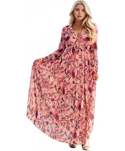 Womens Long Sleeve Maxi Dress Deep V Neck Floral Ankle Length Long Dresses Pink $16.72 Dresses