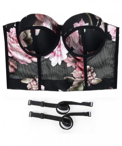 Women's Floral Foil Print Mesh Bustier Crop Top Sweet Corset Tops Bra Black Black $14.28 Tanks