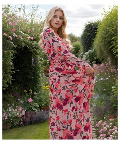 Womens Long Sleeve Maxi Dress Deep V Neck Floral Ankle Length Long Dresses Pink $16.72 Dresses