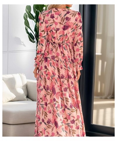 Womens Long Sleeve Maxi Dress Deep V Neck Floral Ankle Length Long Dresses Pink $16.72 Dresses