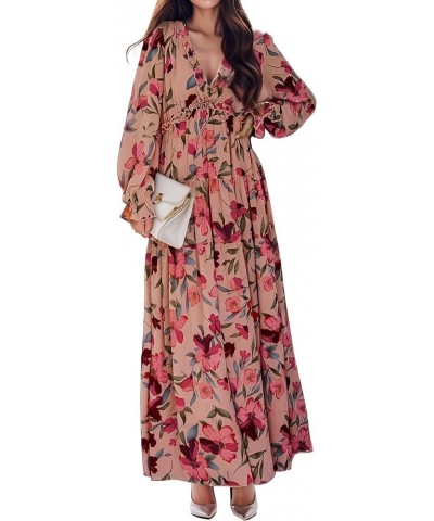 Womens Long Sleeve Maxi Dress Deep V Neck Floral Ankle Length Long Dresses Pink $16.72 Dresses