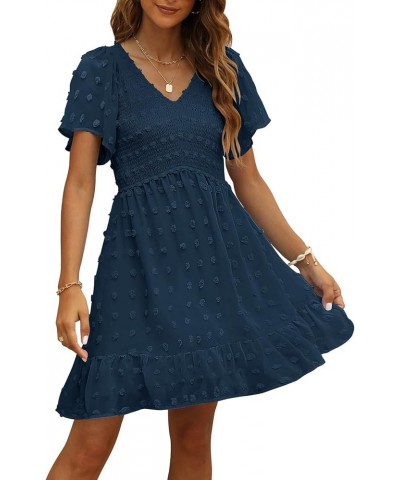 Womens Smocked Short Sleeve V Neck Mini Dress Summer Swiss Dot Flowy Short Dress Darkblue $25.36 Dresses