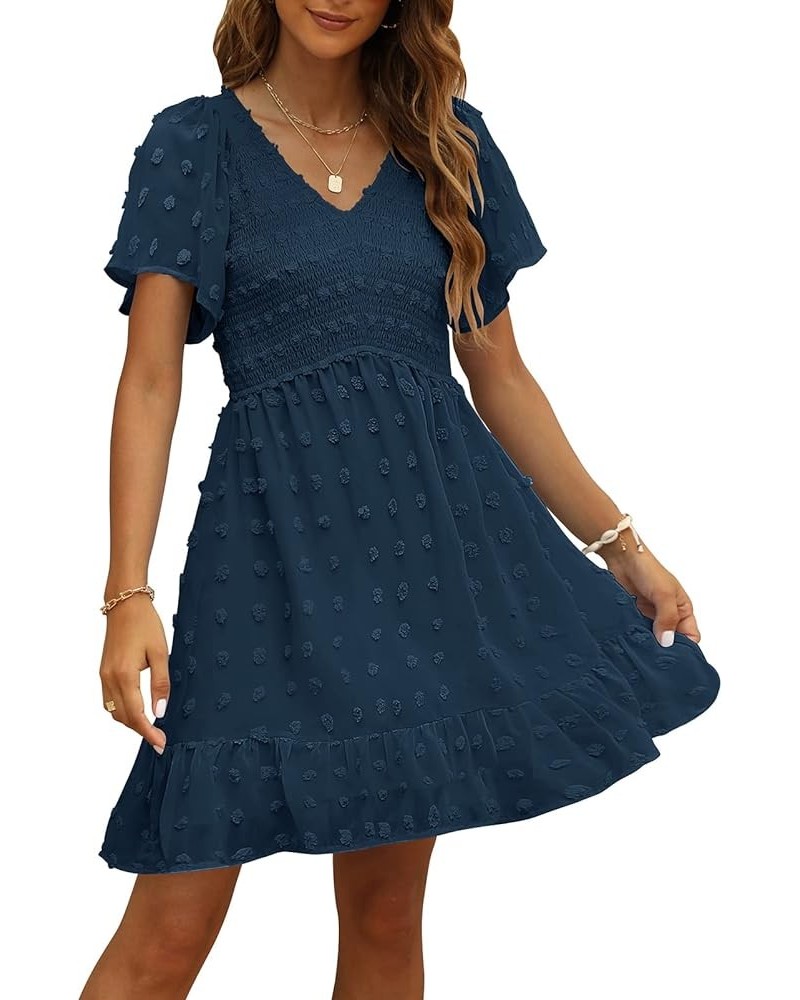 Womens Smocked Short Sleeve V Neck Mini Dress Summer Swiss Dot Flowy Short Dress Darkblue $25.36 Dresses