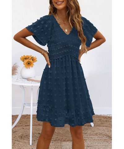 Womens Smocked Short Sleeve V Neck Mini Dress Summer Swiss Dot Flowy Short Dress Darkblue $25.36 Dresses