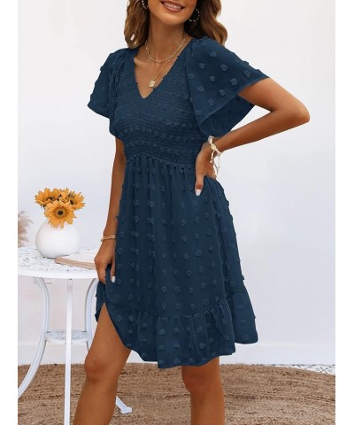 Womens Smocked Short Sleeve V Neck Mini Dress Summer Swiss Dot Flowy Short Dress Darkblue $25.36 Dresses