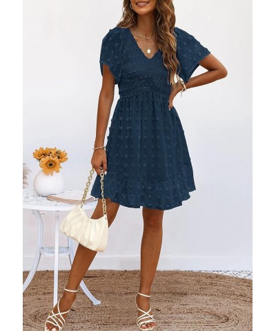 Womens Smocked Short Sleeve V Neck Mini Dress Summer Swiss Dot Flowy Short Dress Darkblue $25.36 Dresses