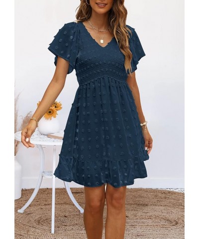 Womens Smocked Short Sleeve V Neck Mini Dress Summer Swiss Dot Flowy Short Dress Darkblue $25.36 Dresses