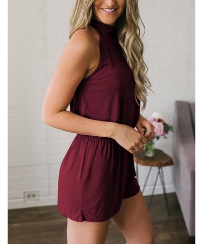 Women's Summer Halter Neck Elastic Waist Solid Color Shorts Jumpsuit Rompers with Pockets Wine $18.54 Jumpsuits