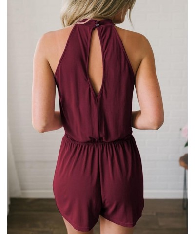 Women's Summer Halter Neck Elastic Waist Solid Color Shorts Jumpsuit Rompers with Pockets Wine $18.54 Jumpsuits