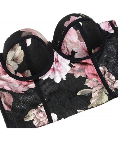 Women's Floral Foil Print Mesh Bustier Crop Top Sweet Corset Tops Bra Black Black $14.28 Tanks