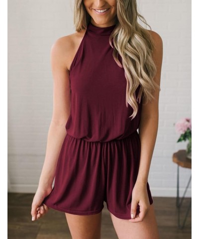 Women's Summer Halter Neck Elastic Waist Solid Color Shorts Jumpsuit Rompers with Pockets Wine $18.54 Jumpsuits