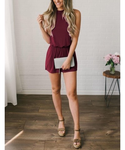 Women's Summer Halter Neck Elastic Waist Solid Color Shorts Jumpsuit Rompers with Pockets Wine $18.54 Jumpsuits