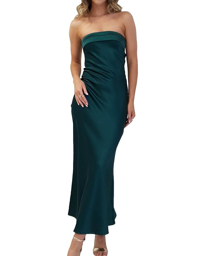 Satin Silk Backless Tube Tops Maxi Dress for Women Low Back Hollow Out Elegant Strapless Long Dresses Wedding Guest Deep Gree...