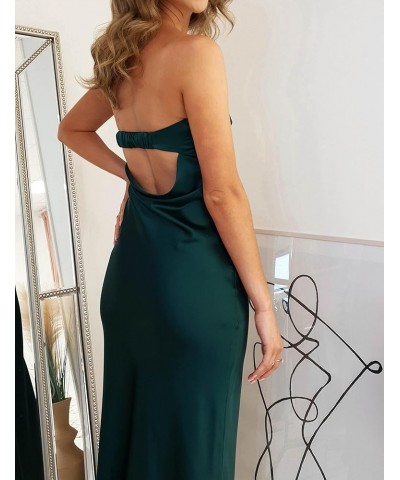 Satin Silk Backless Tube Tops Maxi Dress for Women Low Back Hollow Out Elegant Strapless Long Dresses Wedding Guest Deep Gree...