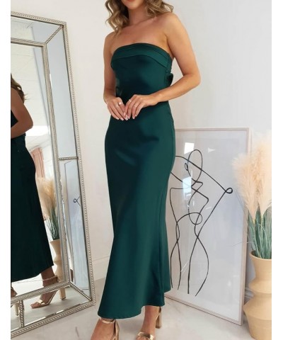 Satin Silk Backless Tube Tops Maxi Dress for Women Low Back Hollow Out Elegant Strapless Long Dresses Wedding Guest Deep Gree...