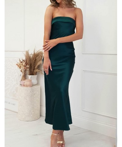 Satin Silk Backless Tube Tops Maxi Dress for Women Low Back Hollow Out Elegant Strapless Long Dresses Wedding Guest Deep Gree...