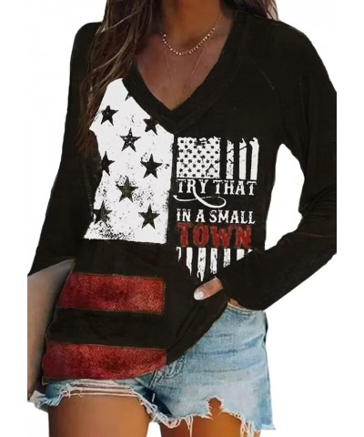 Try That in A Small Town Shirt Women Flag Vintage Country Western Sweatshirt Cowgirl V Neck Long Sleeve Shirt Black $13.24 Ho...