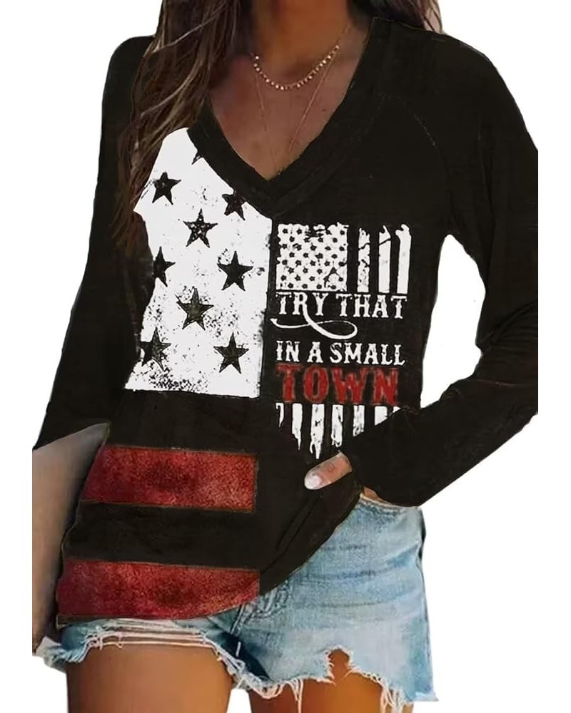 Try That in A Small Town Shirt Women Flag Vintage Country Western Sweatshirt Cowgirl V Neck Long Sleeve Shirt Black $13.24 Ho...