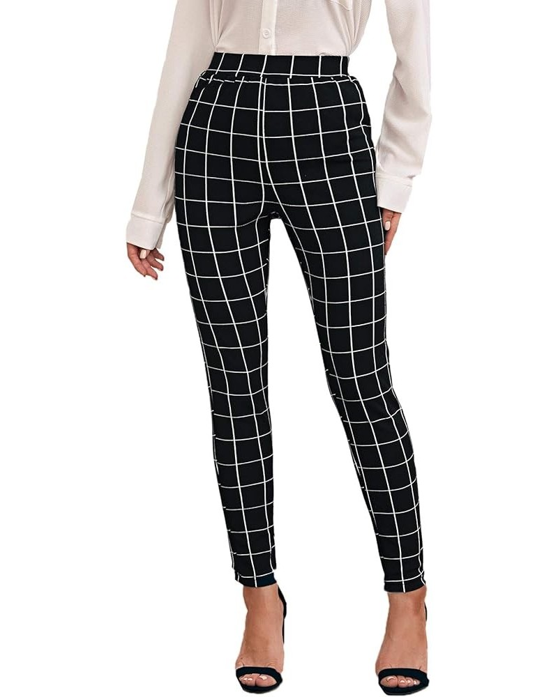 Women's Pants Casual High Waist Skinny Leggings Stretchy Work Pants Black Plaid $12.71 Leggings