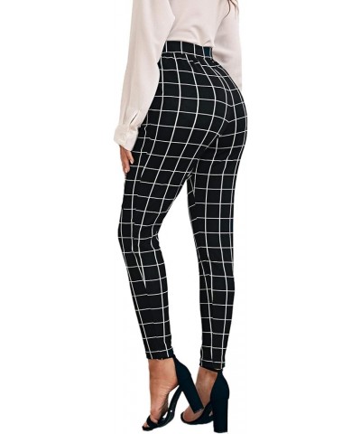 Women's Pants Casual High Waist Skinny Leggings Stretchy Work Pants Black Plaid $12.71 Leggings