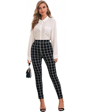 Women's Pants Casual High Waist Skinny Leggings Stretchy Work Pants Black Plaid $12.71 Leggings