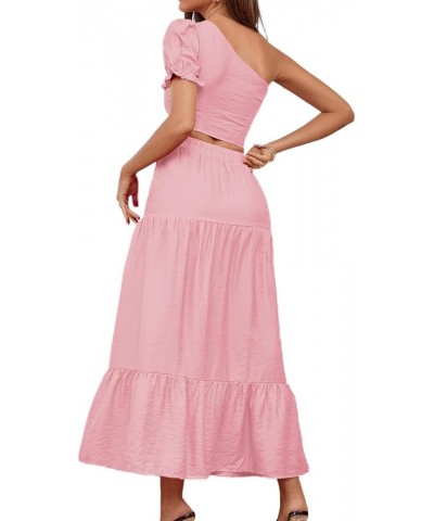 Women's 2 Piece Outfit One Shoulder Crop Top High Split Maxi Skirt Set Pink $25.64 Suits