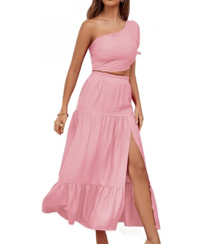 Women's 2 Piece Outfit One Shoulder Crop Top High Split Maxi Skirt Set Pink $25.64 Suits