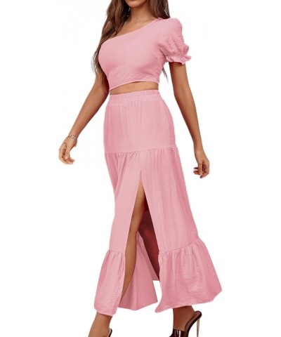 Women's 2 Piece Outfit One Shoulder Crop Top High Split Maxi Skirt Set Pink $25.64 Suits