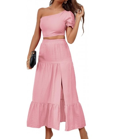 Women's 2 Piece Outfit One Shoulder Crop Top High Split Maxi Skirt Set Pink $25.64 Suits