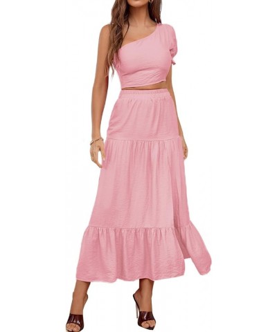 Women's 2 Piece Outfit One Shoulder Crop Top High Split Maxi Skirt Set Pink $25.64 Suits