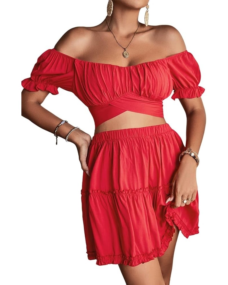 Women's 2 Piece Outfits Floral Off Shoulder Tie Up Crop Top and Mini Skirt Set Light Red $16.80 Suits