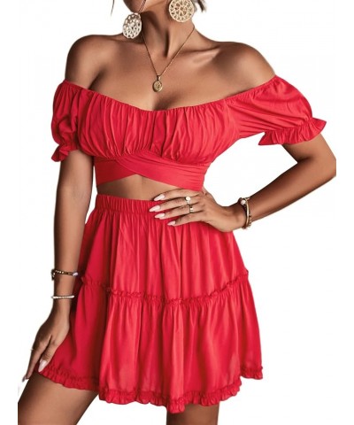 Women's 2 Piece Outfits Floral Off Shoulder Tie Up Crop Top and Mini Skirt Set Light Red $16.80 Suits