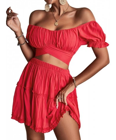 Women's 2 Piece Outfits Floral Off Shoulder Tie Up Crop Top and Mini Skirt Set Light Red $16.80 Suits