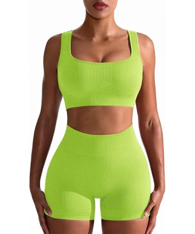 Workout Sets for Women 2 Piece Seamless Ribbed Sports Bra High Waist Yoga Shorts Outfits 2 Grass Green $18.23 Activewear