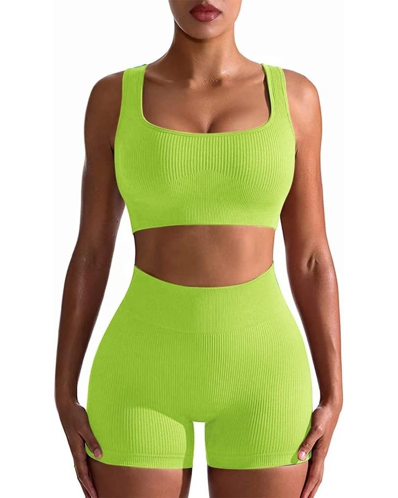 Workout Sets for Women 2 Piece Seamless Ribbed Sports Bra High Waist Yoga Shorts Outfits 2 Grass Green $18.23 Activewear