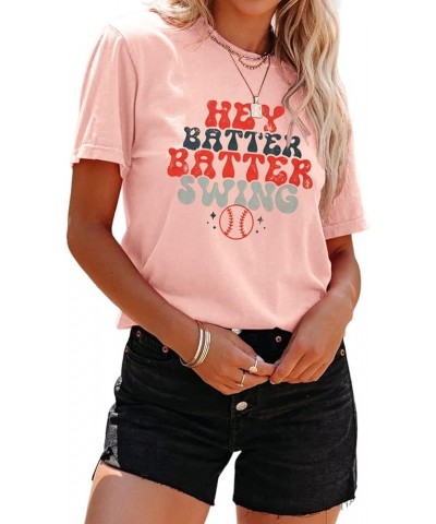 Women Hey Batter Batter Swing Shirt Baseball Mom Graphic Tee Short Sleeve Loose Ballpark Top Casual Sports Tees Pink $10.35 T...