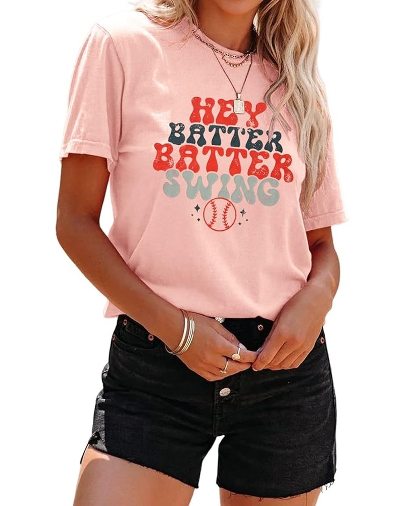 Women Hey Batter Batter Swing Shirt Baseball Mom Graphic Tee Short Sleeve Loose Ballpark Top Casual Sports Tees Pink $10.35 T...