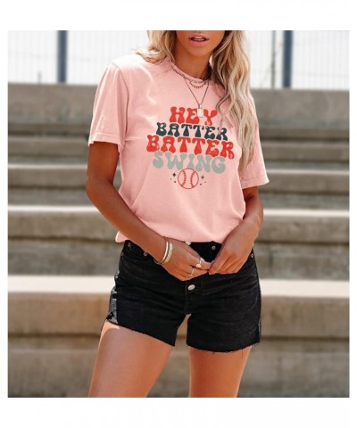 Women Hey Batter Batter Swing Shirt Baseball Mom Graphic Tee Short Sleeve Loose Ballpark Top Casual Sports Tees Pink $10.35 T...