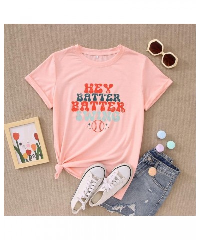 Women Hey Batter Batter Swing Shirt Baseball Mom Graphic Tee Short Sleeve Loose Ballpark Top Casual Sports Tees Pink $10.35 T...